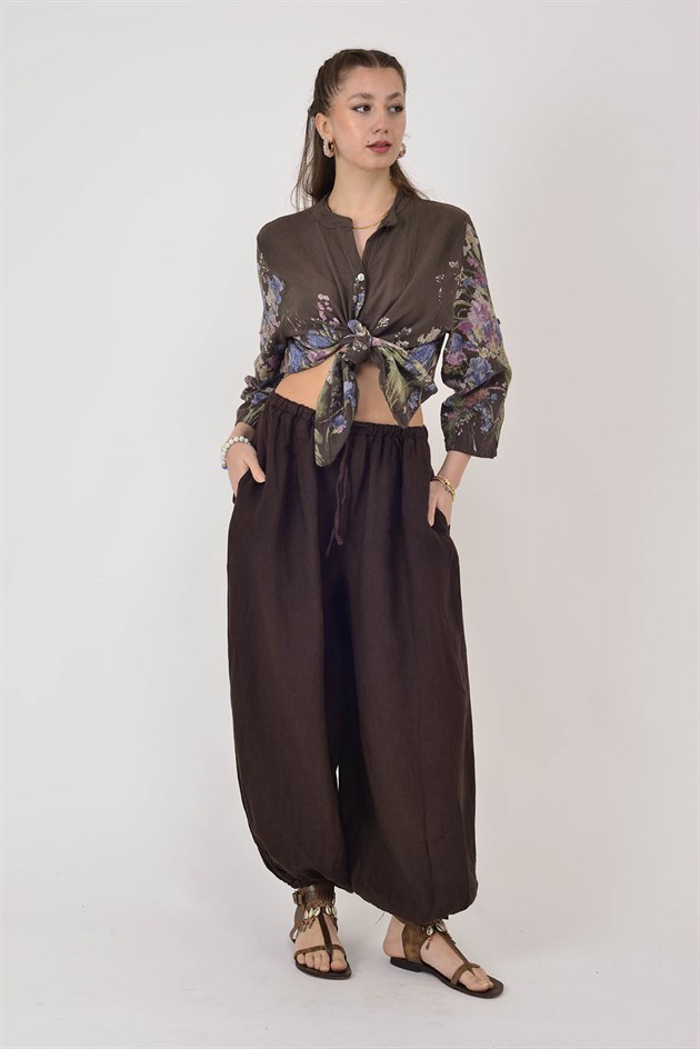 E11191 PAÇASI LASTİK DETAYLI BEGGY KETEN PANTOLON