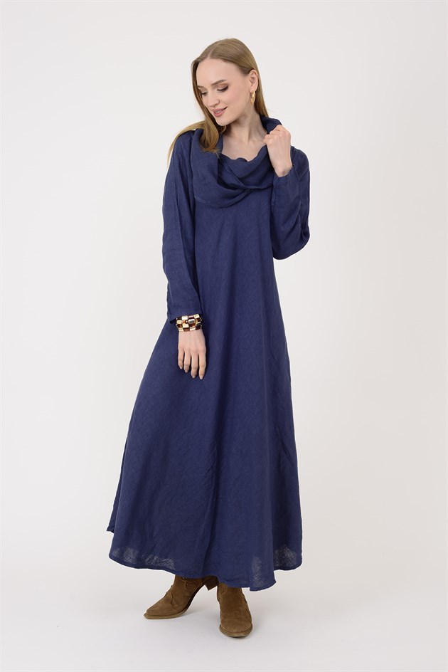 E20162 KAMLERAN ŞAL YAKA KETEN ELBİSE