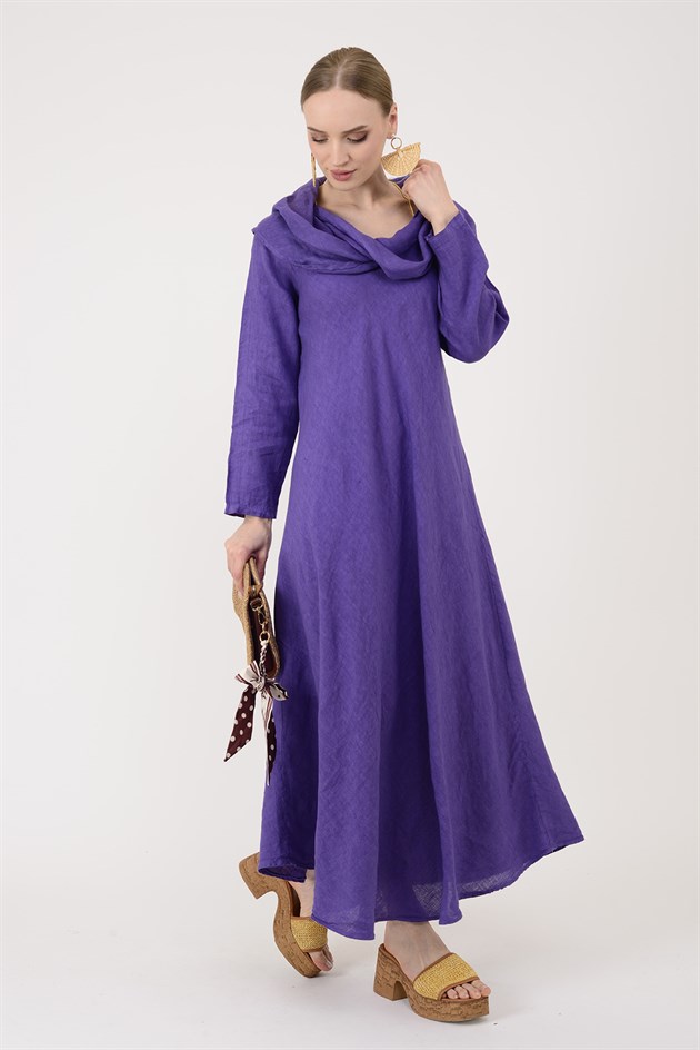 E20162 KAMLERAN ŞAL YAKA KETEN ELBİSE