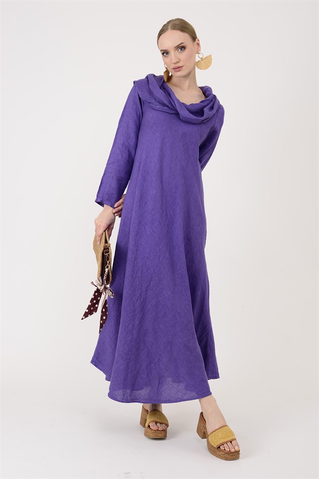 E20162 KAMLERAN ŞAL YAKA KETEN ELBİSE