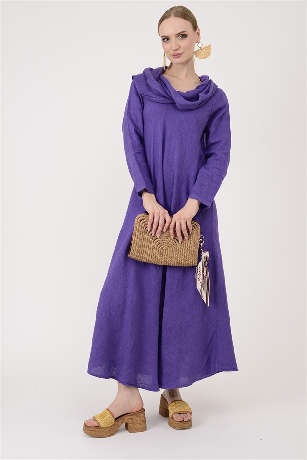 E20162 KAMLERAN ŞAL YAKA KETEN ELBİSE