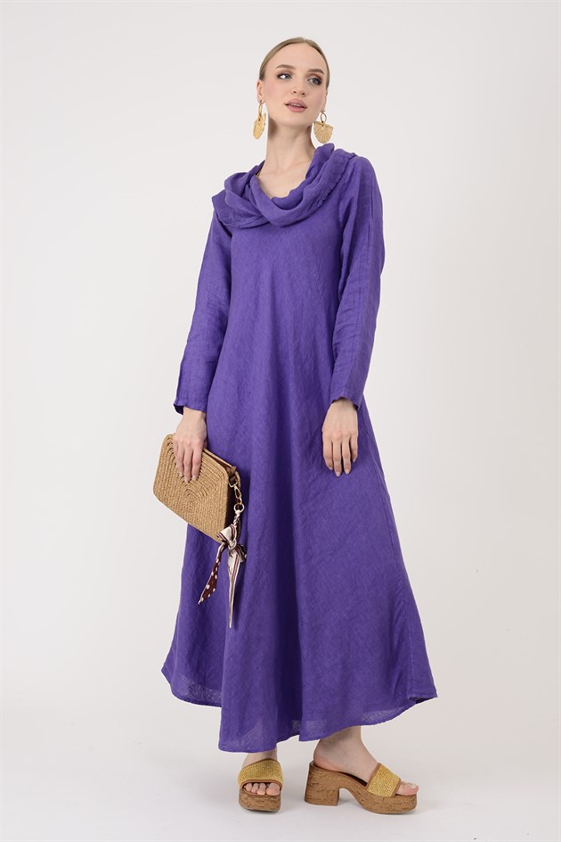 E20162 KAMLERAN ŞAL YAKA KETEN ELBİSE