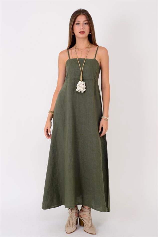 E2059 SIRTI GİPELİ ASKILI KETEN ELBİSE