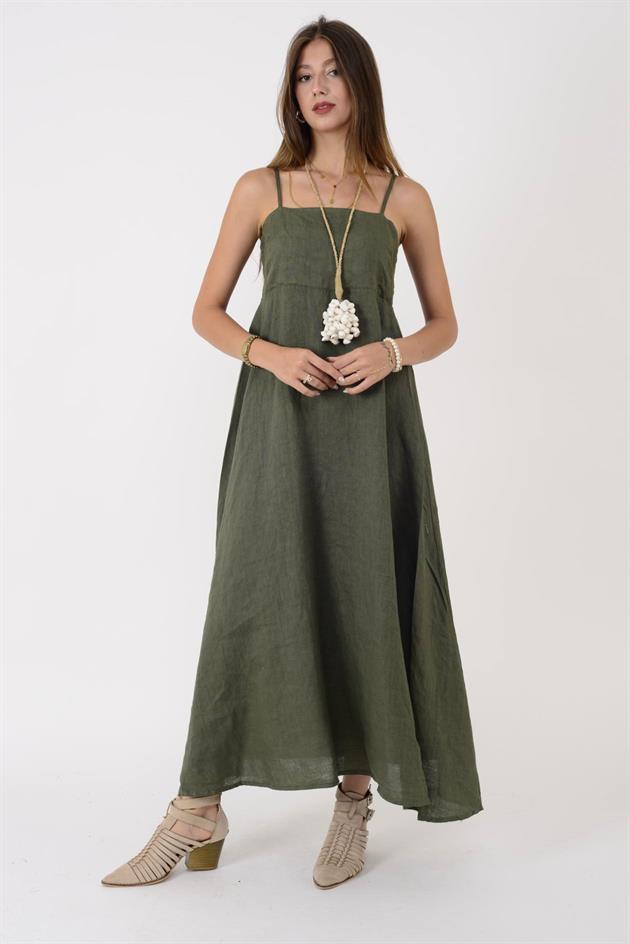 E2059 SIRTI GİPELİ ASKILI KETEN ELBİSE