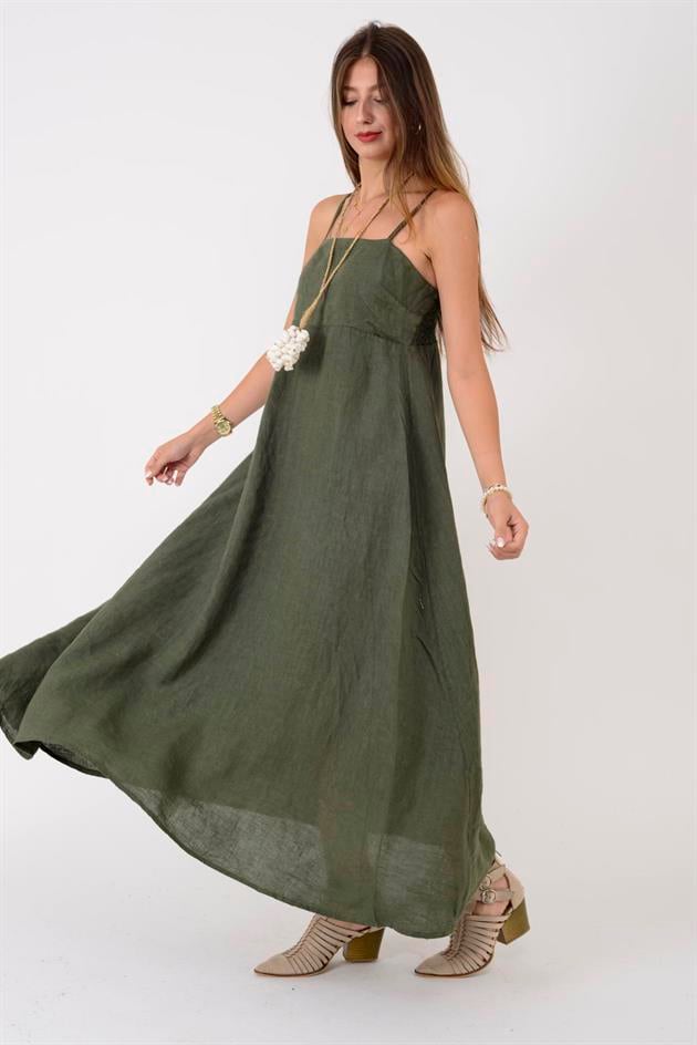 E2059 SIRTI GİPELİ ASKILI KETEN ELBİSE