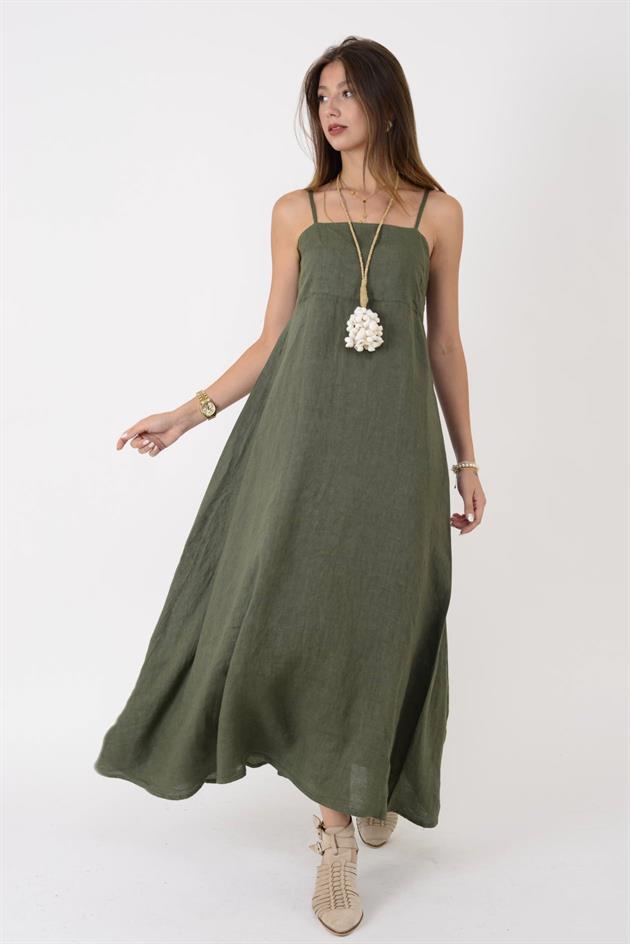 E2059 SIRTI GİPELİ ASKILI KETEN ELBİSE