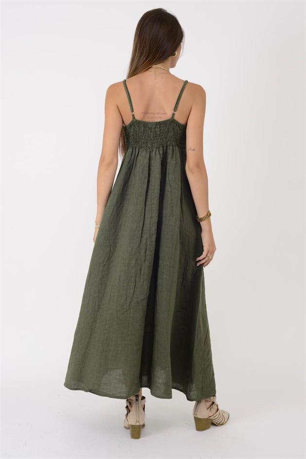 E2059 SIRTI GİPELİ ASKILI KETEN ELBİSE