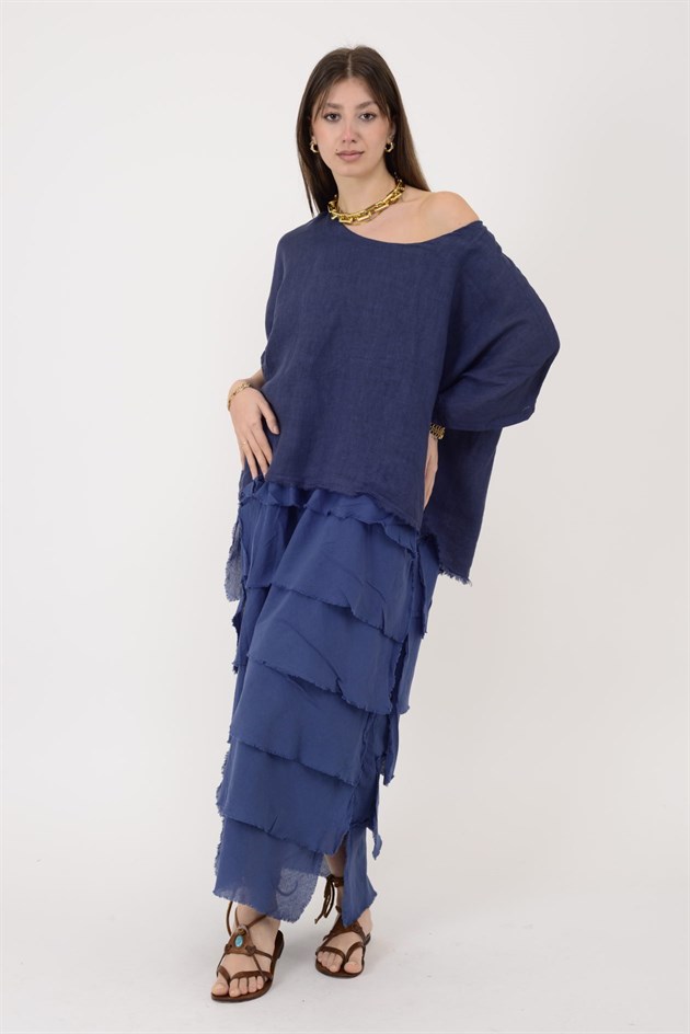 E20831 KAT KAT KETEN ELBİSE