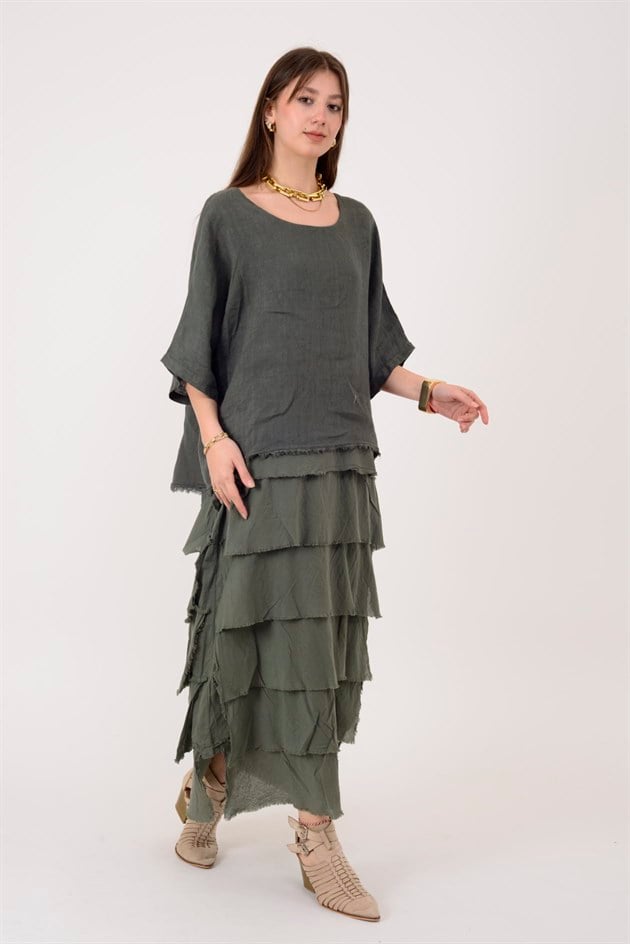 E20831 KAT KAT KETEN ELBİSE