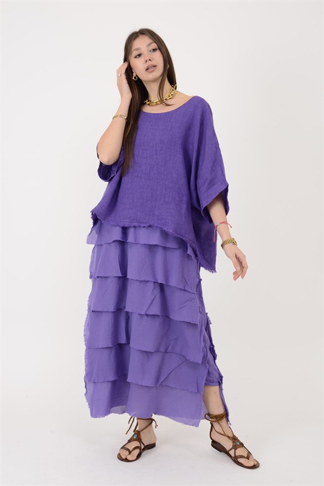 E20831 KAT KAT KETEN ELBİSE