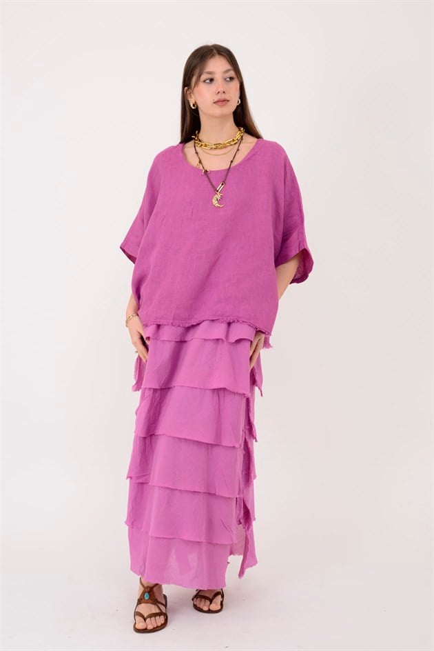 E20831 KAT KAT KETEN ELBİSE