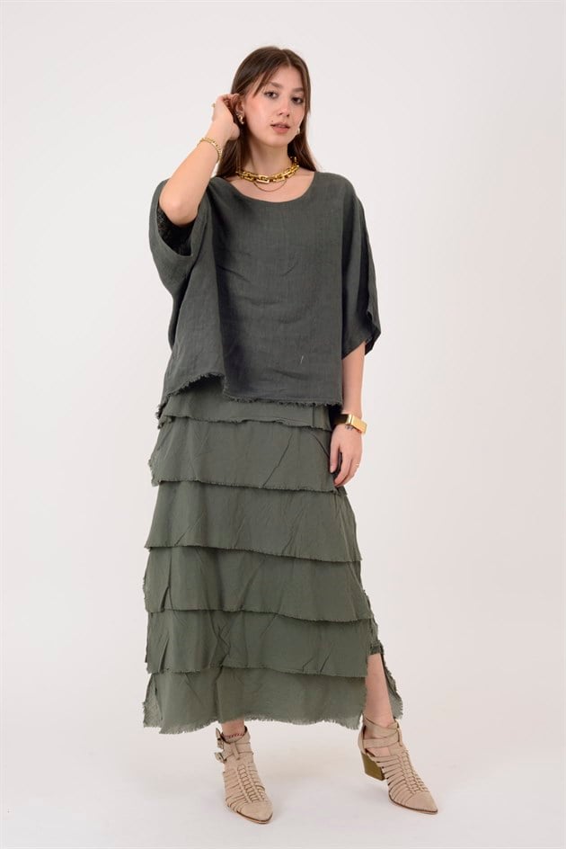 E20831 KAT KAT KETEN ELBİSE