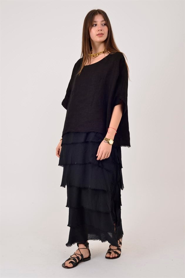 E20831 KAT KAT KETEN ELBİSE