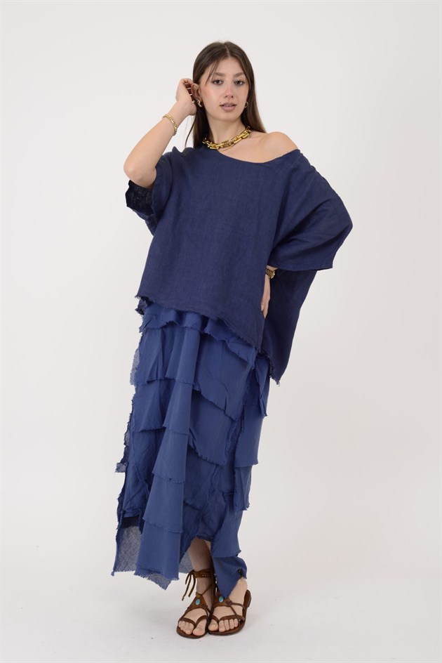 E20831 KAT KAT KETEN ELBİSE