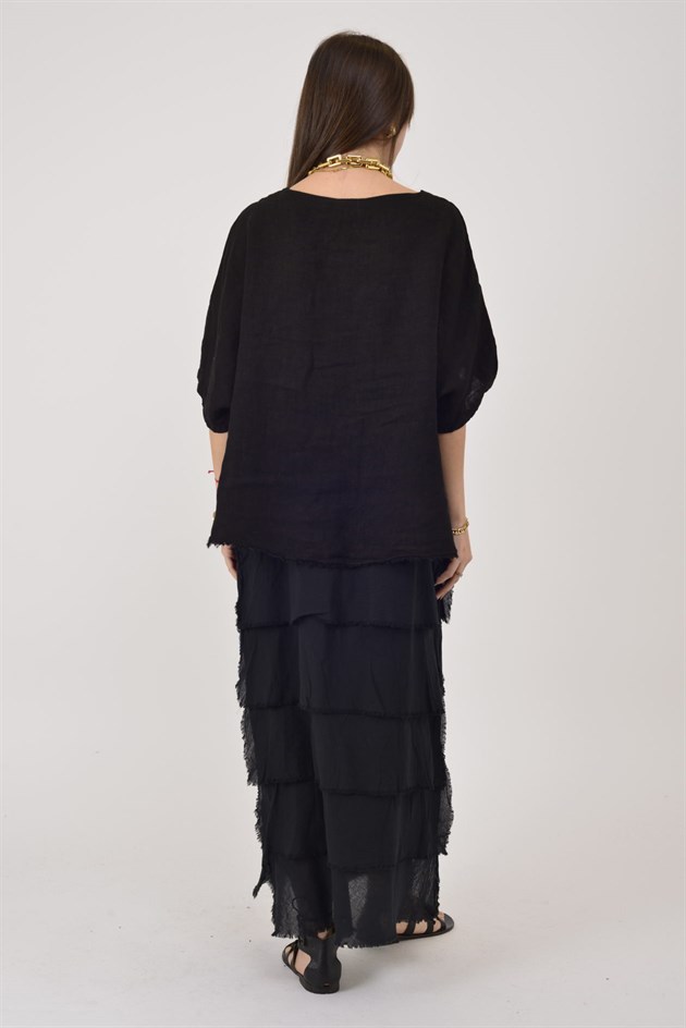 E20831 KAT KAT KETEN ELBİSE