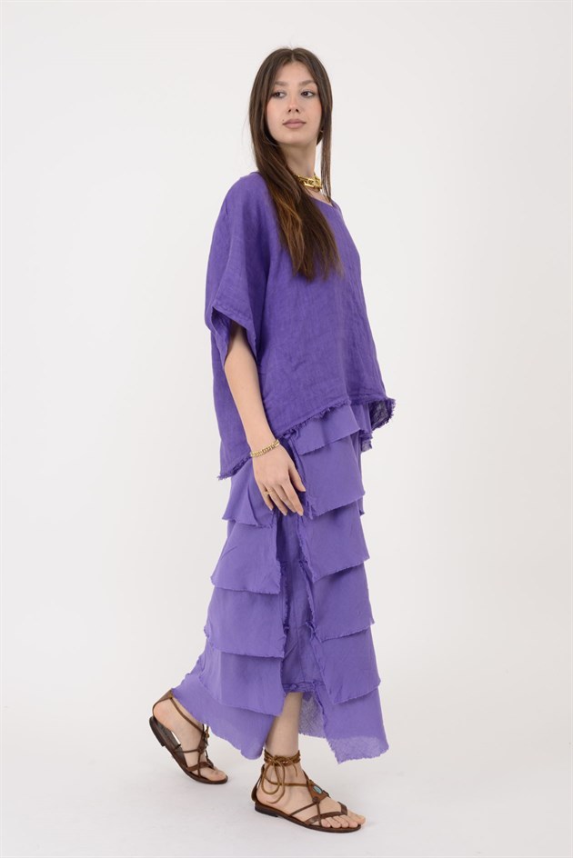 E20831 KAT KAT KETEN ELBİSE