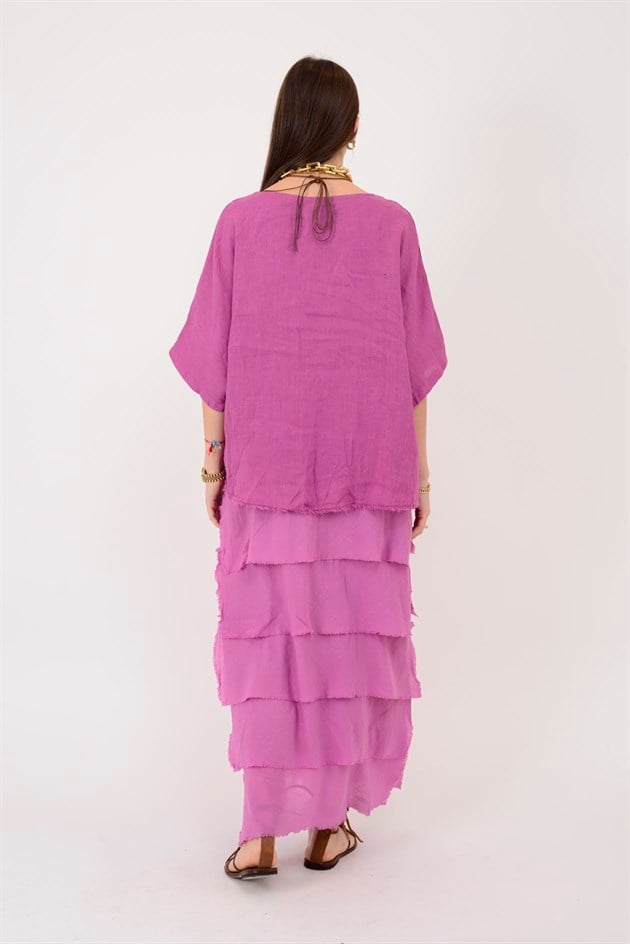 E20831 KAT KAT KETEN ELBİSE