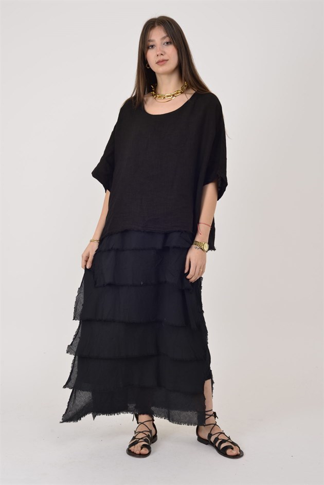 E20831 KAT KAT KETEN ELBİSE