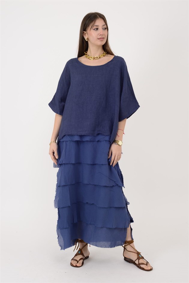 E20831 KAT KAT KETEN ELBİSE