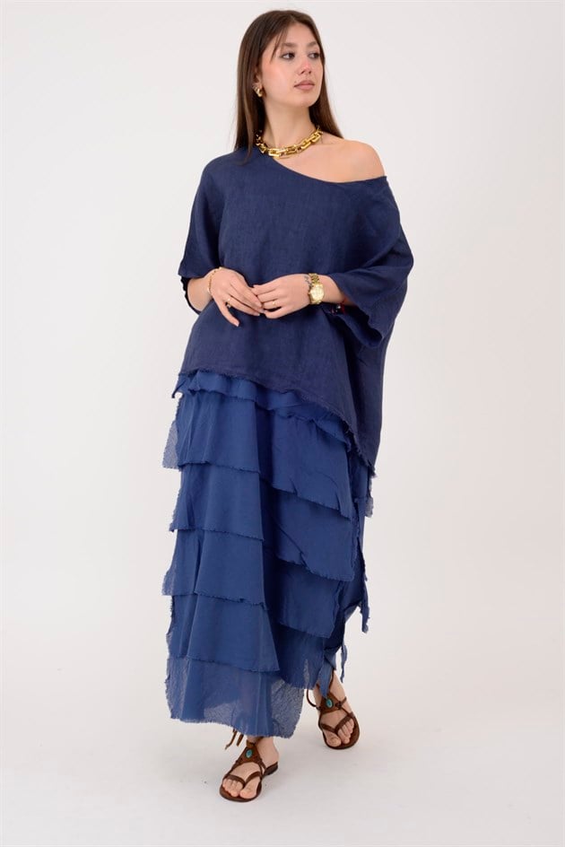 E20831 KAT KAT KETEN ELBİSE