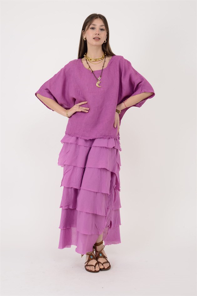 E20831 KAT KAT KETEN ELBİSE