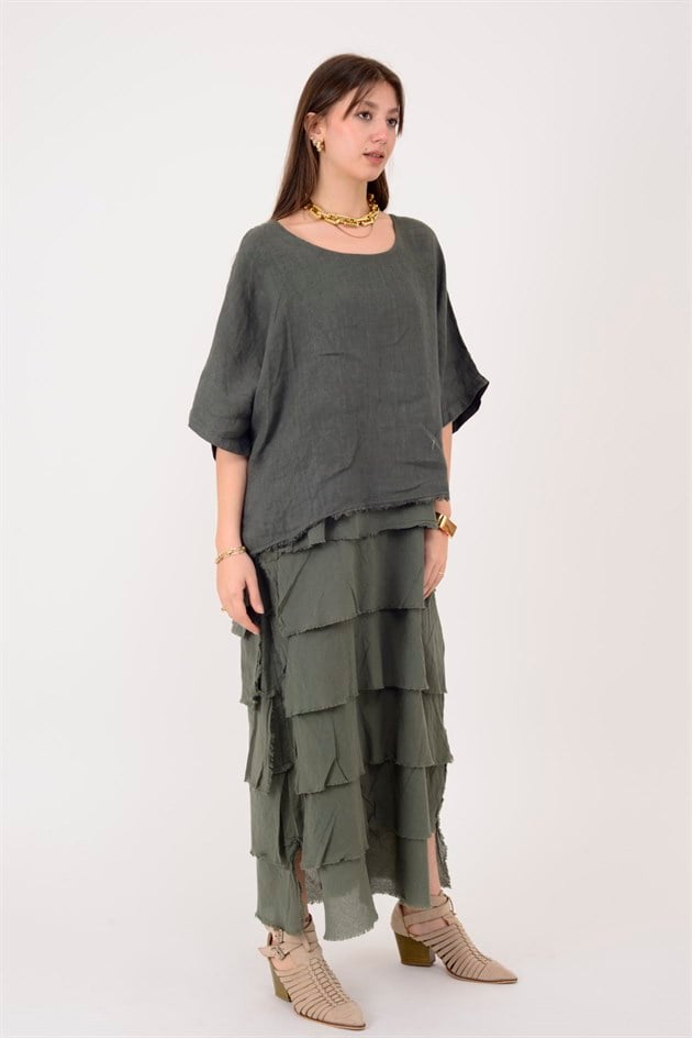 E20831 KAT KAT KETEN ELBİSE