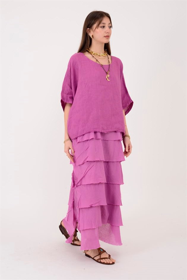 E20831 KAT KAT KETEN ELBİSE