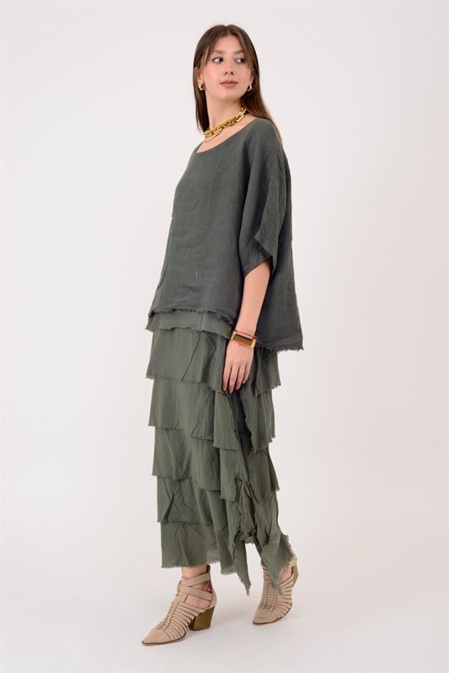 E20831 KAT KAT KETEN ELBİSE