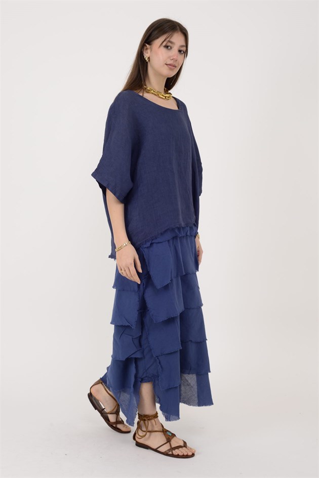 E20831 KAT KAT KETEN ELBİSE