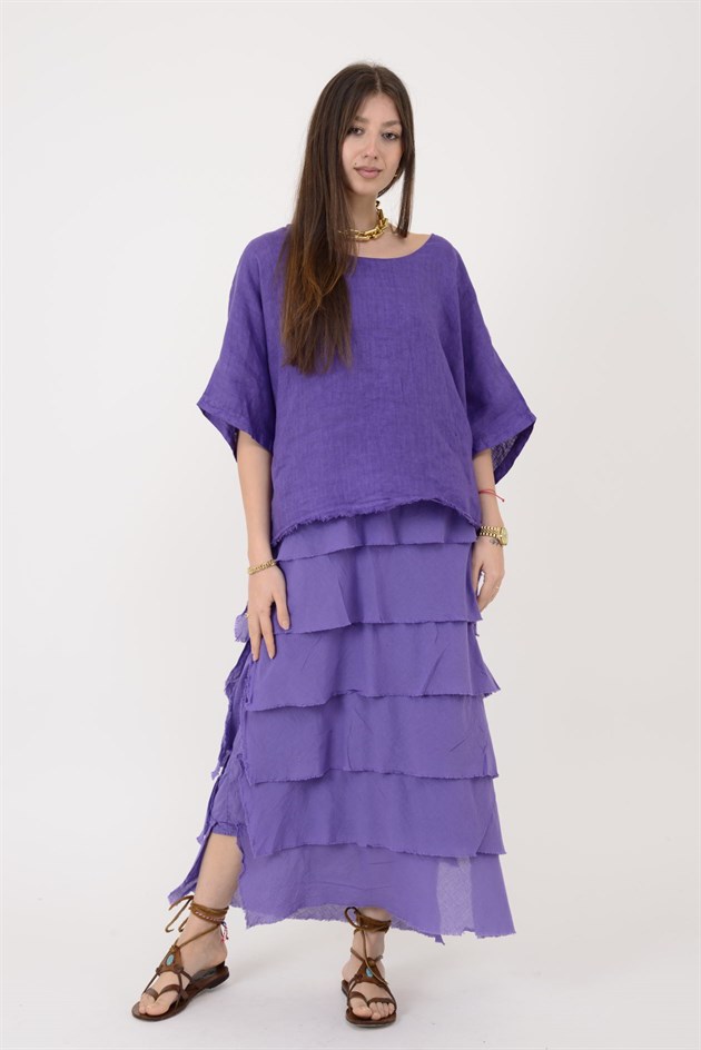 E20831 KAT KAT KETEN ELBİSE