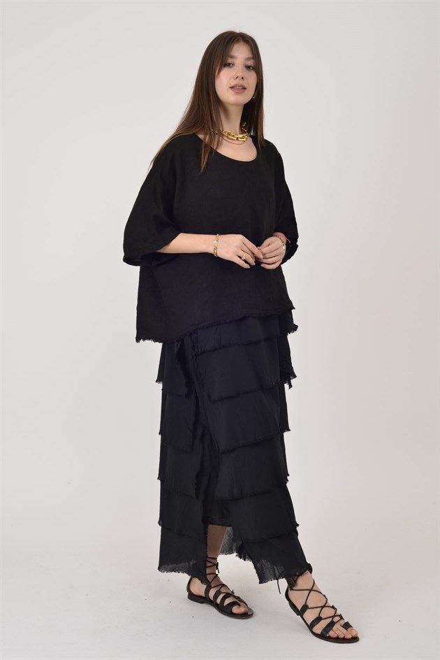 E20831 KAT KAT KETEN ELBİSE