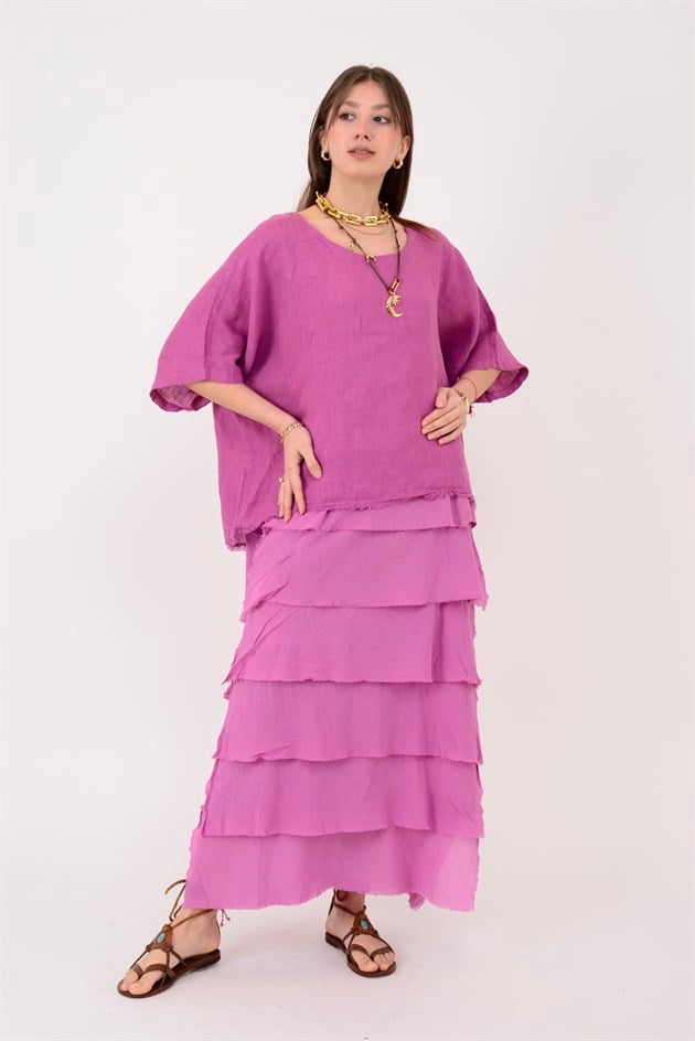 E20831 KAT KAT KETEN ELBİSE