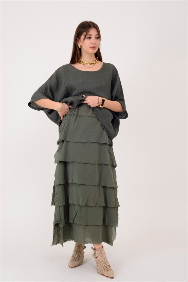 E20831 KAT KAT KETEN ELBİSE