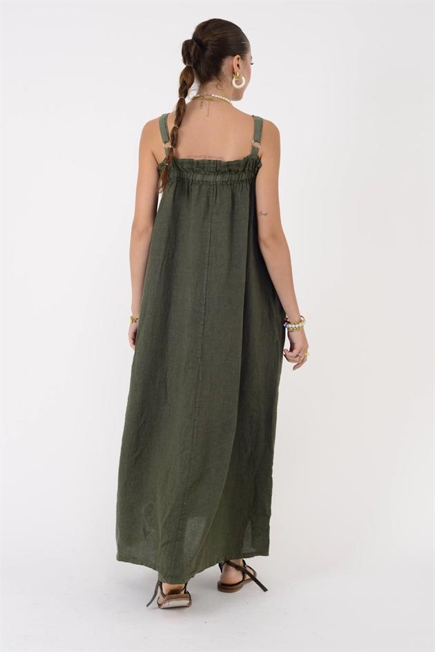 E2108 FIRFIR DETAYLI AYARLANABİLİR ASKILI KETEN ELBİSE