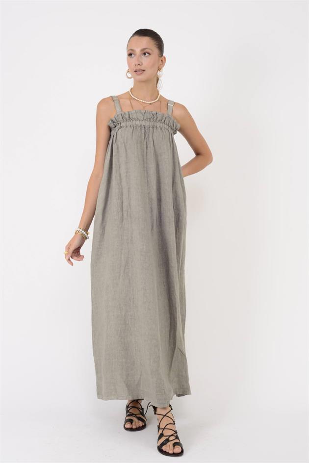 E2108 FIRFIR DETAYLI AYARLANABİLİR ASKILI KETEN ELBİSE