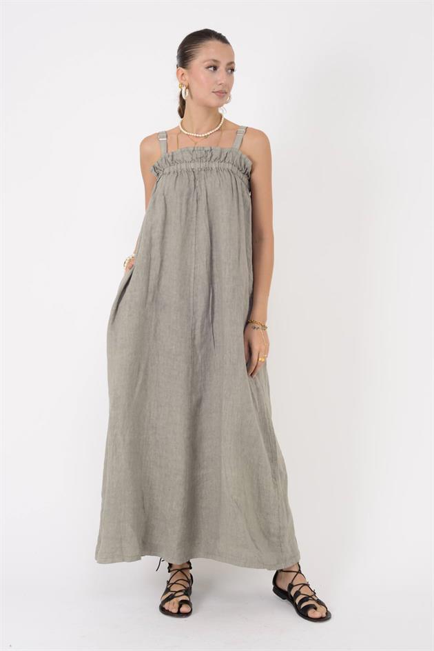 E2108 FIRFIR DETAYLI AYARLANABİLİR ASKILI KETEN ELBİSE