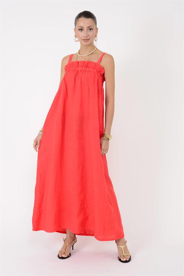 E2108 FIRFIR DETAYLI AYARLANABİLİR ASKILI KETEN ELBİSE