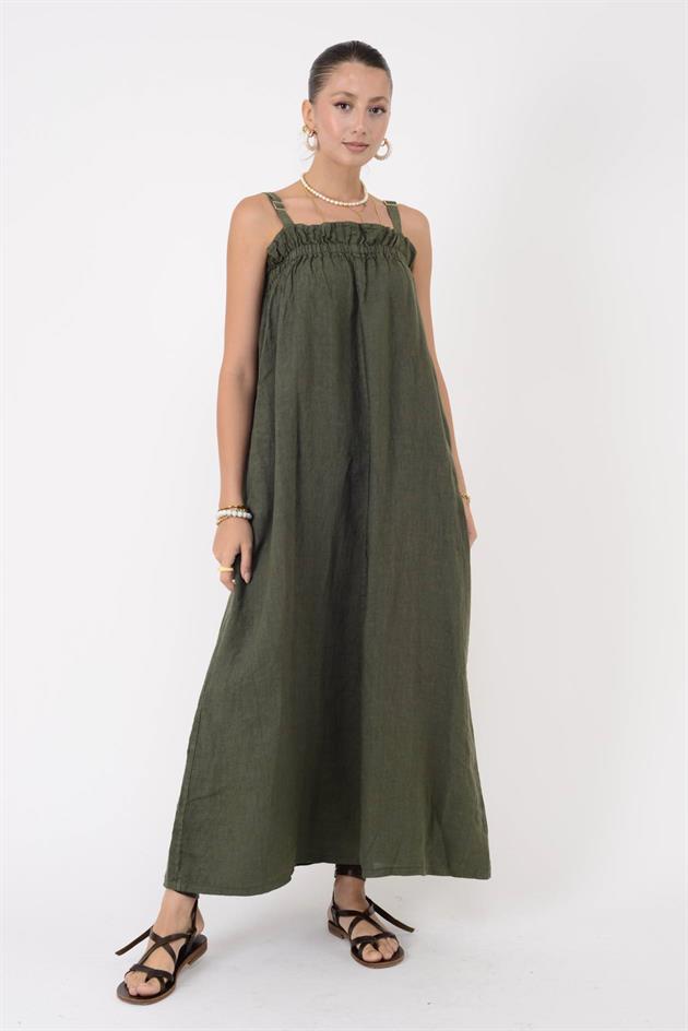 E2108 FIRFIR DETAYLI AYARLANABİLİR ASKILI KETEN ELBİSE