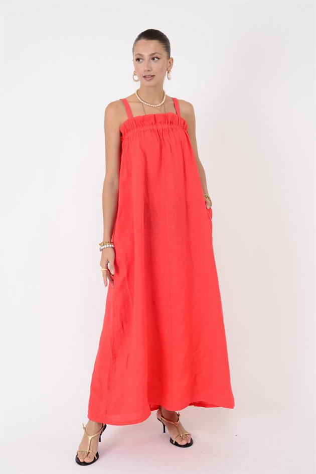 E2108 FIRFIR DETAYLI AYARLANABİLİR ASKILI KETEN ELBİSE