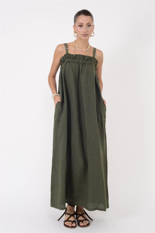 E2108 FIRFIR DETAYLI AYARLANABİLİR ASKILI KETEN ELBİSE