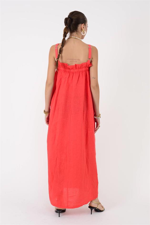 E2108 FIRFIR DETAYLI AYARLANABİLİR ASKILI KETEN ELBİSE