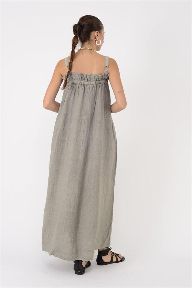 E2108 FIRFIR DETAYLI AYARLANABİLİR ASKILI KETEN ELBİSE