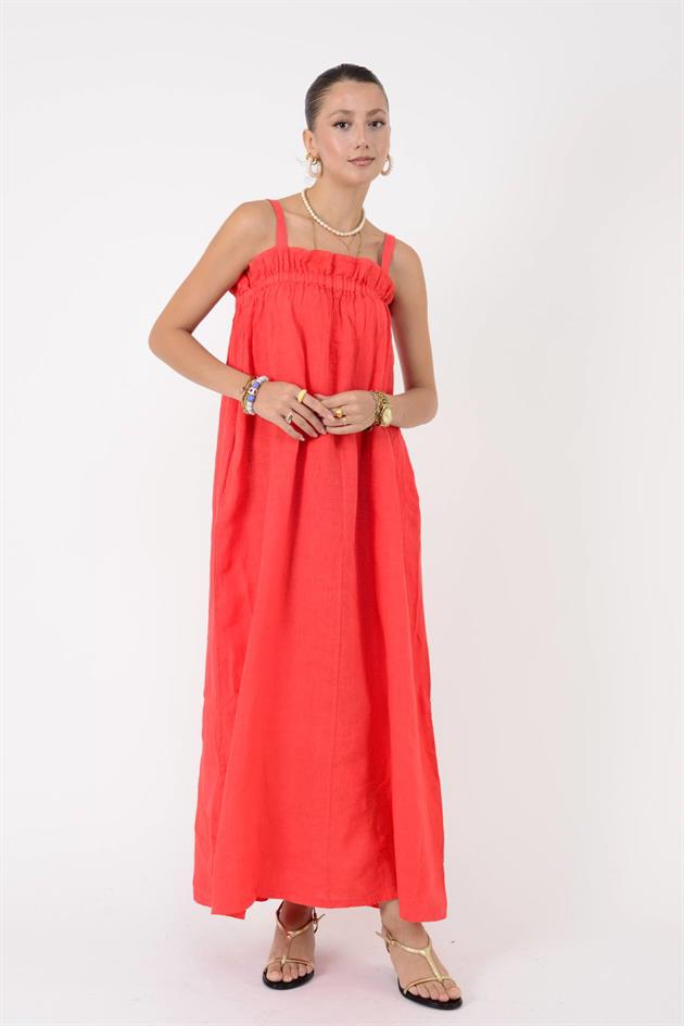 E2108 FIRFIR DETAYLI AYARLANABİLİR ASKILI KETEN ELBİSE