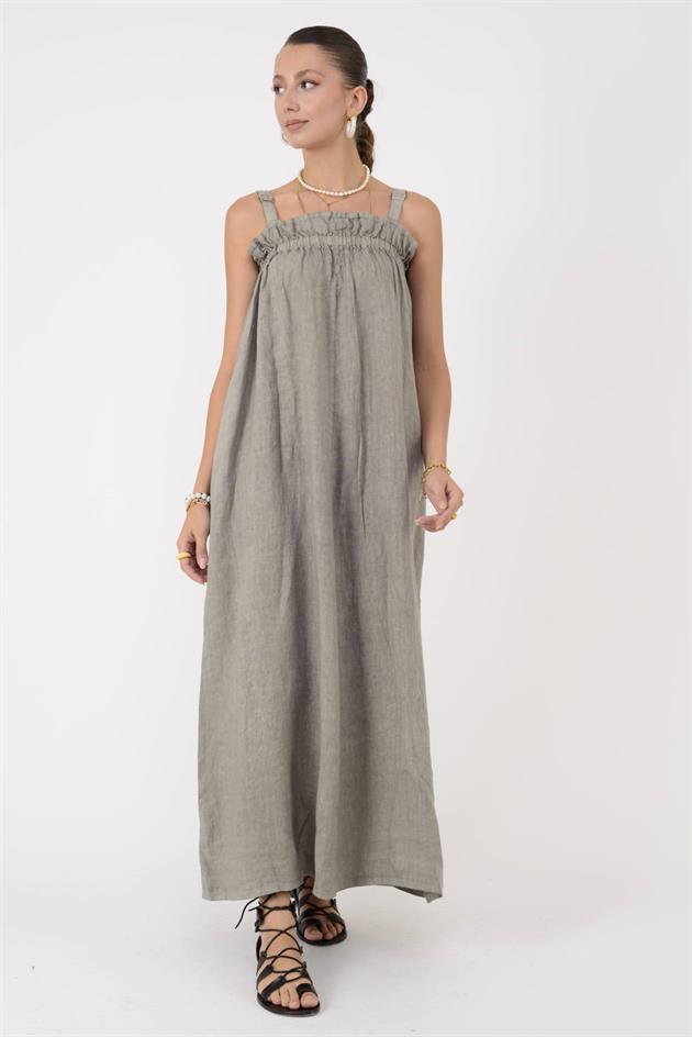 E2108 FIRFIR DETAYLI AYARLANABİLİR ASKILI KETEN ELBİSE