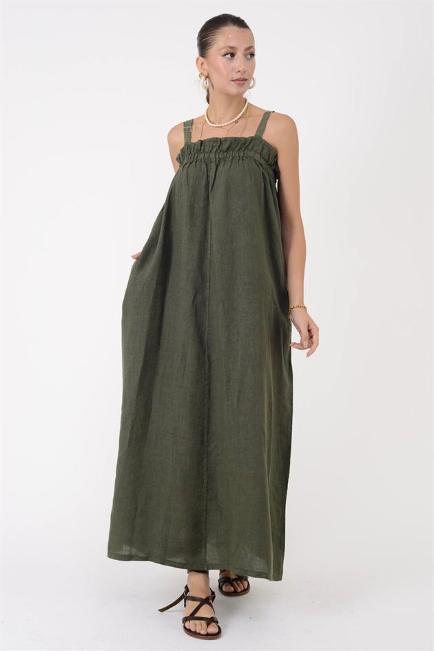 E2108 FIRFIR DETAYLI AYARLANABİLİR ASKILI KETEN ELBİSE