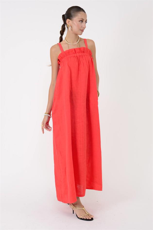 E2108 FIRFIR DETAYLI AYARLANABİLİR ASKILI KETEN ELBİSE