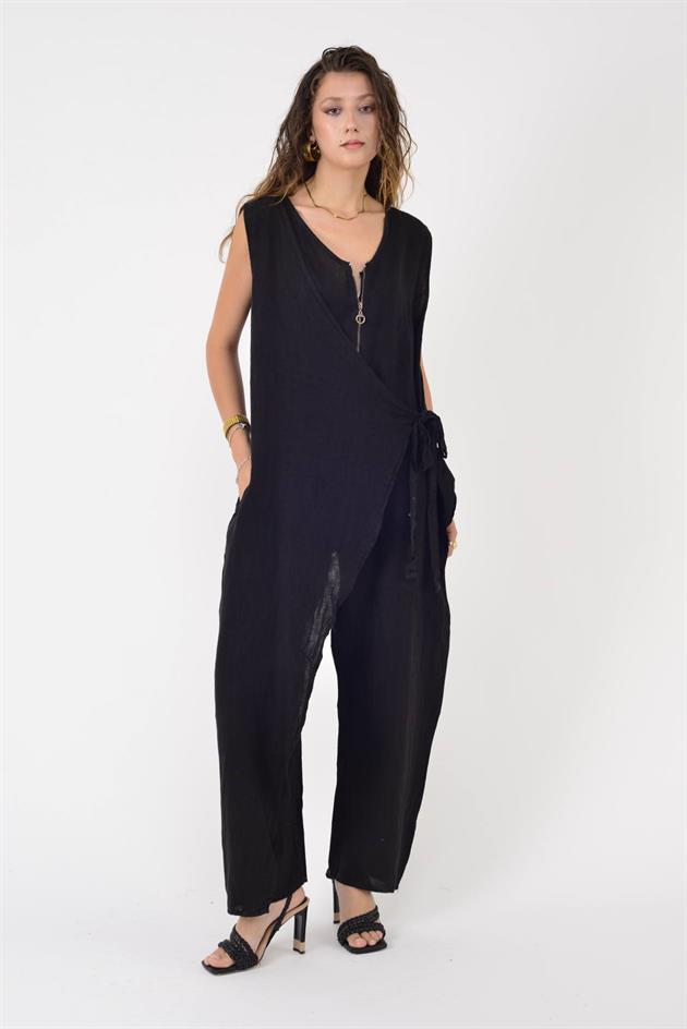 E2111 ASİMETRİK KAPAKLI FERMUAR DETAYLI KETEN TULUM