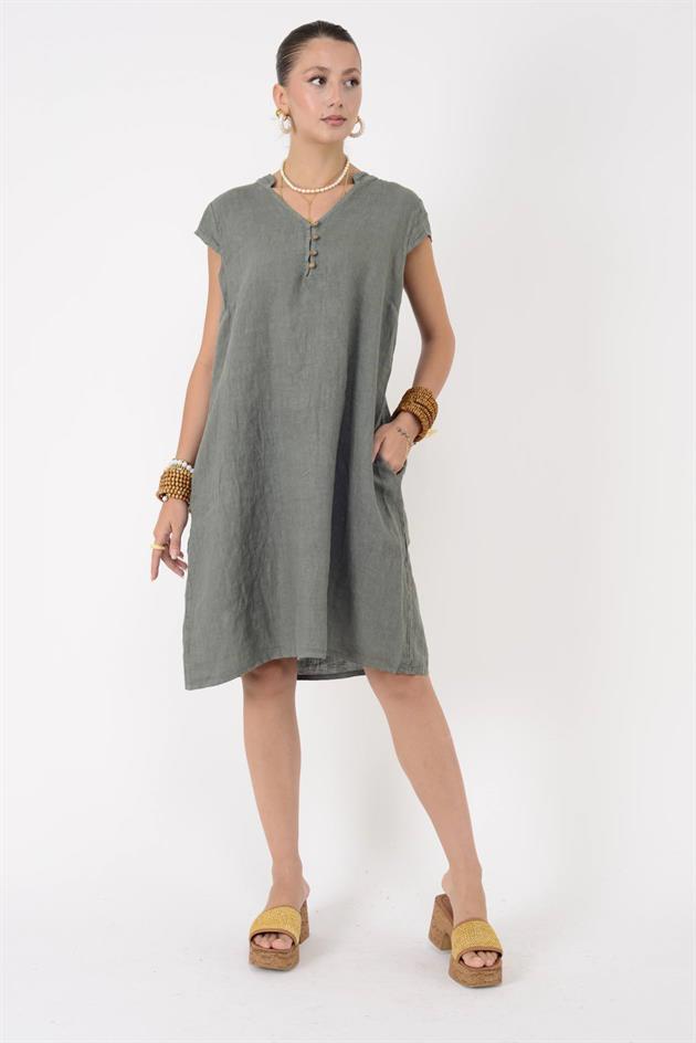 E2118 DÜĞME DETAYLI YARIM KOLLU KISA KETEN ELBİSE