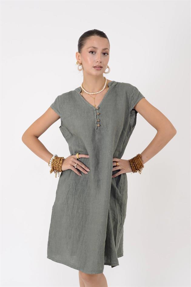 E2118 DÜĞME DETAYLI YARIM KOLLU KISA KETEN ELBİSE