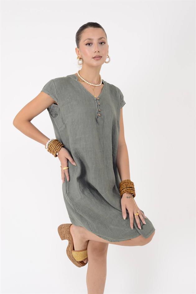 E2118 DÜĞME DETAYLI YARIM KOLLU KISA KETEN ELBİSE